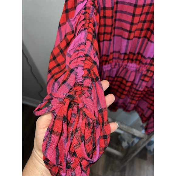 Free People Blouse Womens Small Pacific Dawn Plaid in Red Combo Button Up NEW - Picture 5 of 12